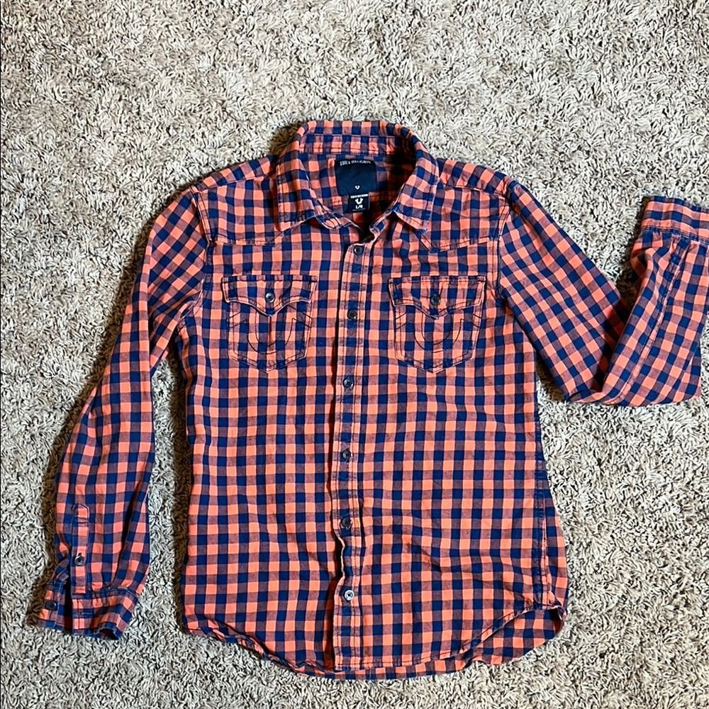 True Religion Youth Boys Orange & Blue Casual Button Down Shirt Size Large
